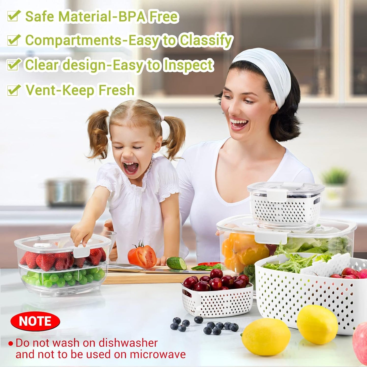 Fresh Produce Vegetable Fruit Storage Containers 3Piece Set, BPA-free, Partitioned Salad Container