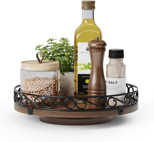 9" Lazy Susan Turntable Organizer for Table Top, Round Wooden Lazy Susan for Cabinet