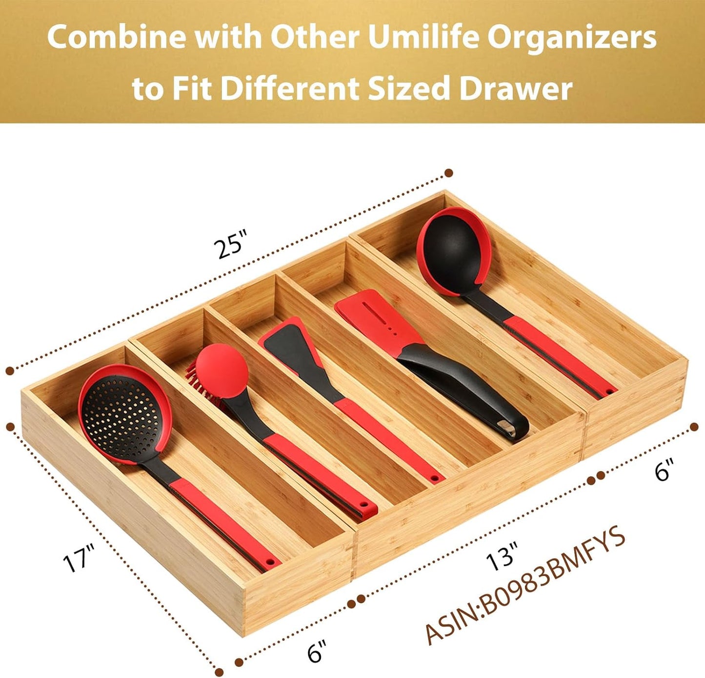 Bamboo Kitchen Utensils Organizer, Extra Long High Silverware Drawer Holder