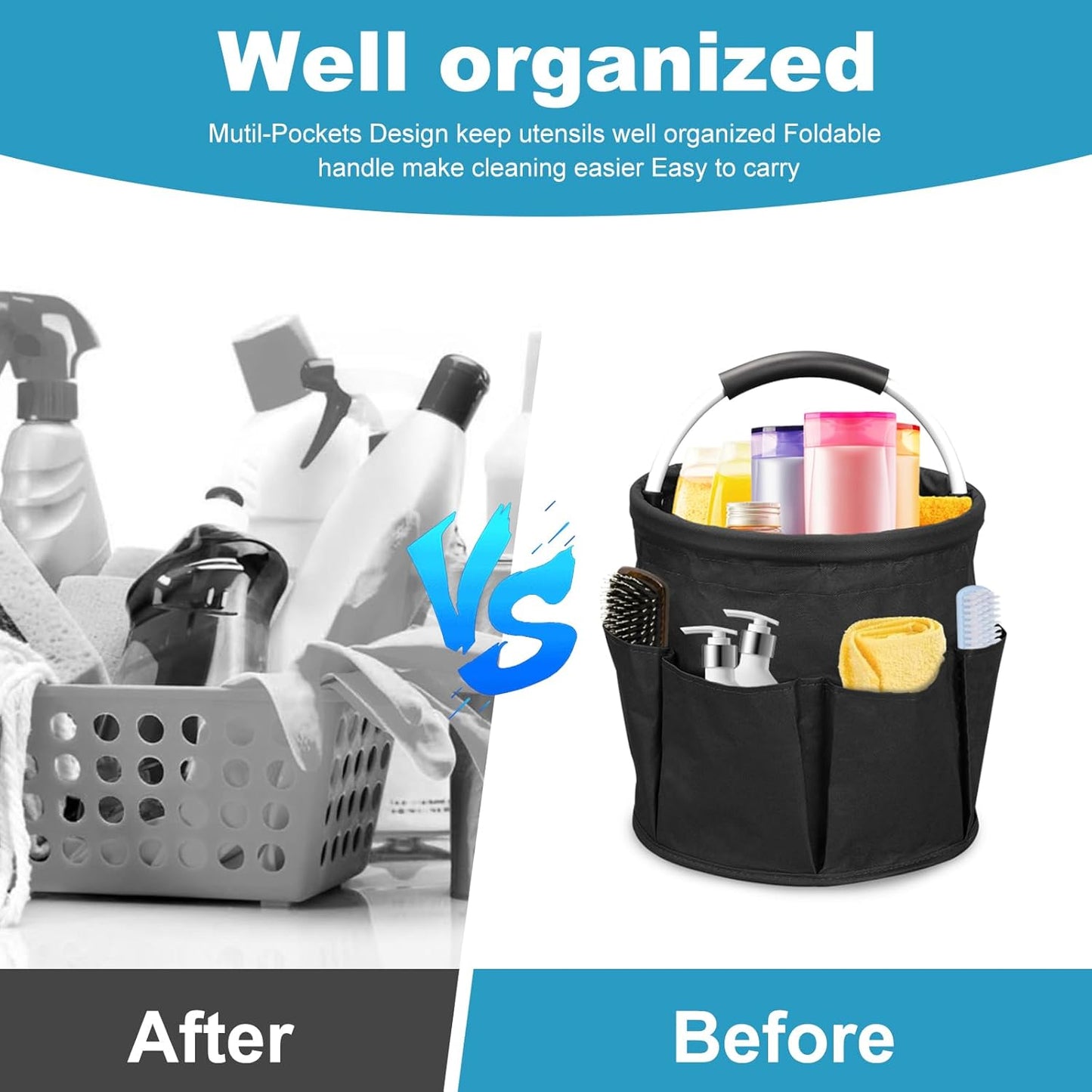 17L Cleaning Caddy with Handle, Cleaning Supply Caddy Foldable Tool Bag Cleaning Products Organizers Portable Cleaning Bucket Organiser for Storing Towels (Black)