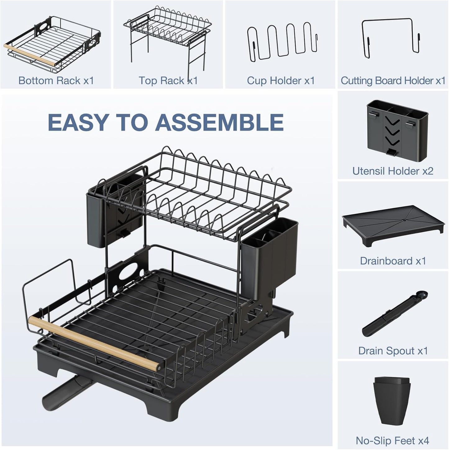 2-Tier Large Capacity Dish Drying Rack for Kitchen Counter: Anti-Rust Dish Strainer with Drainboard, Cup Holder, Utensil & Cutting Board Organizer, Heavy Duty Dish Rack