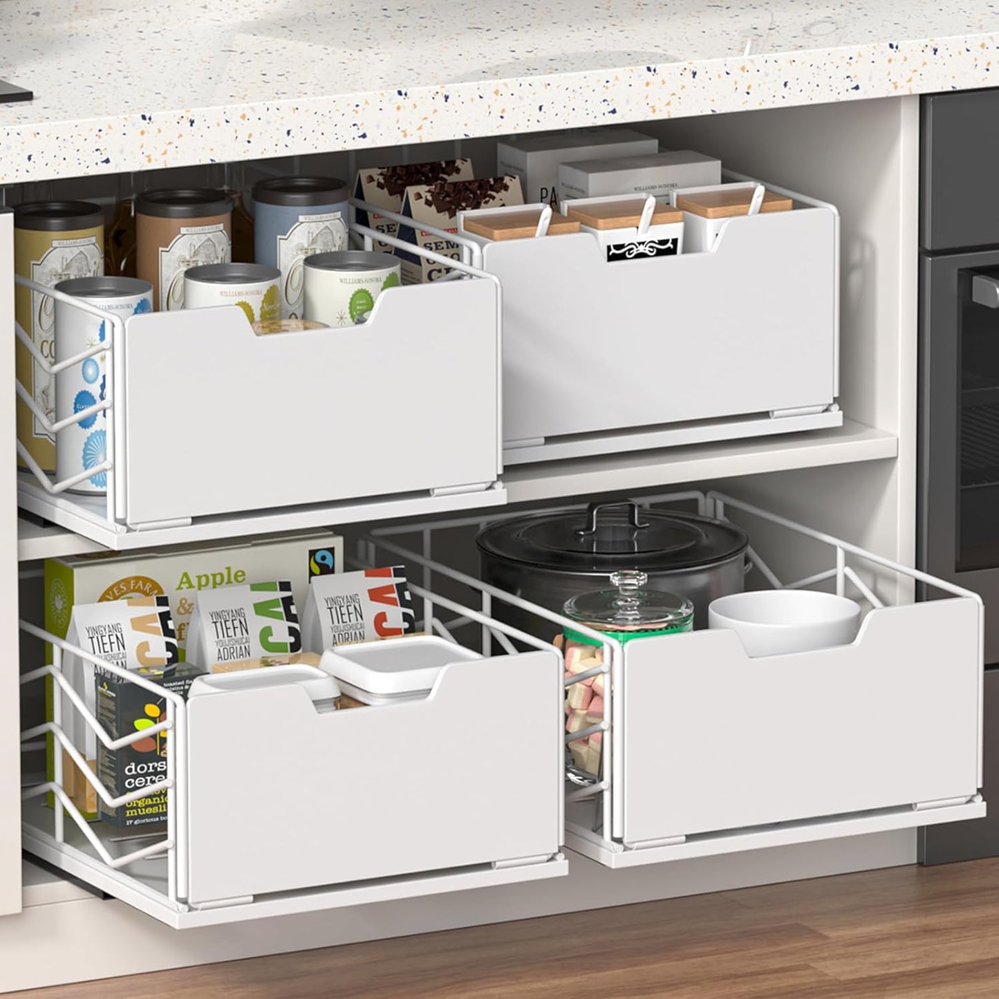 Pull Out Cabinet Organizer, Pantry Slide Out Drawer Organizer with Adhesive Strips
