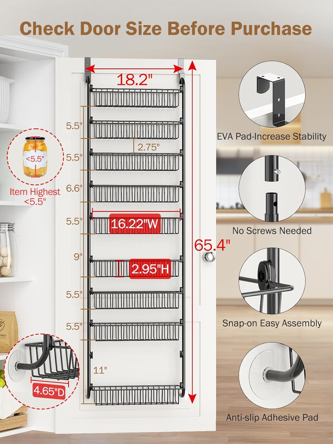 Over The Door Pantry Organizer, 9-Tier Pantry Door Organizers and Storage with Adjustable Basket