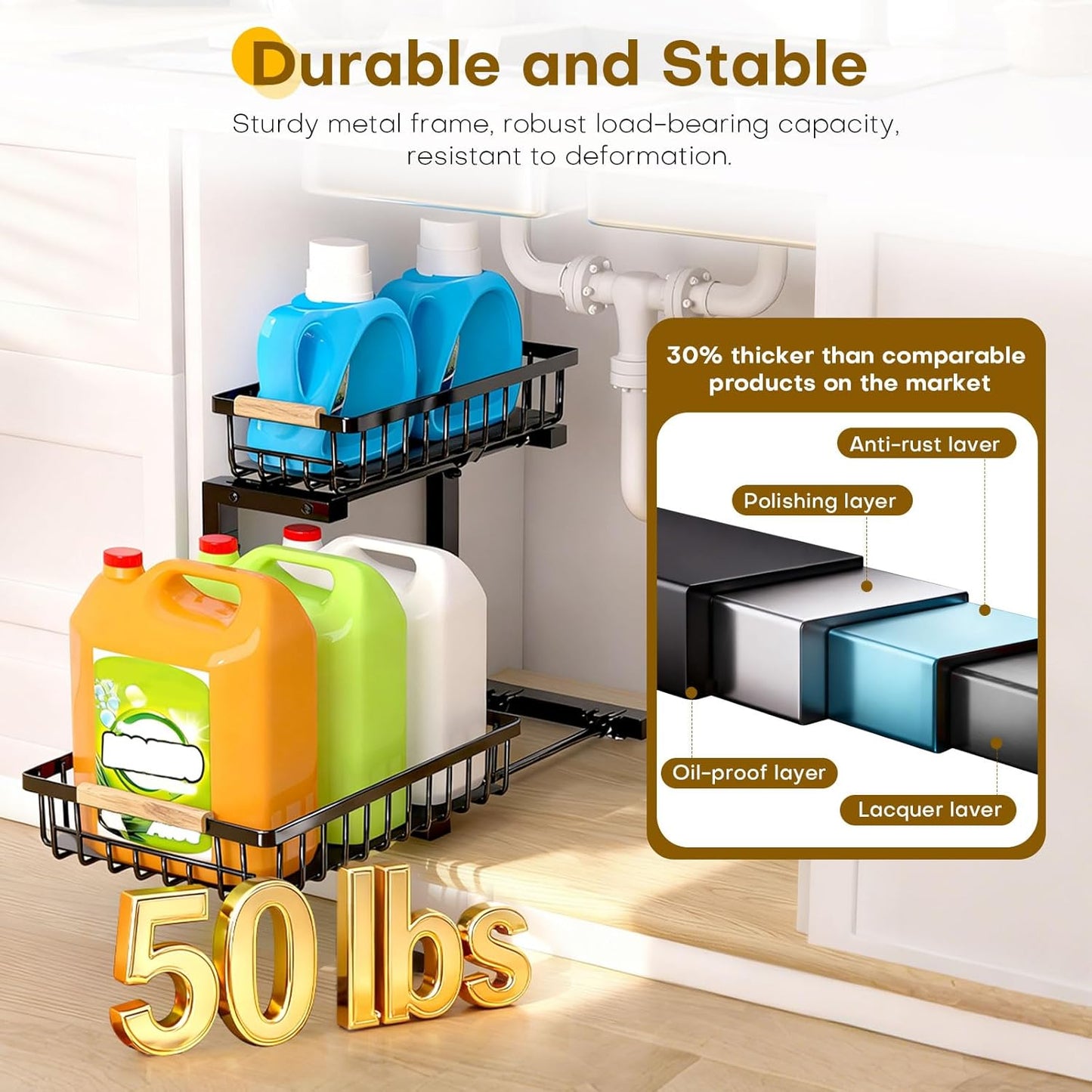 Under Sink Organizer, Heavy-Duty & Rust-Resistant Carbon Steel Metal