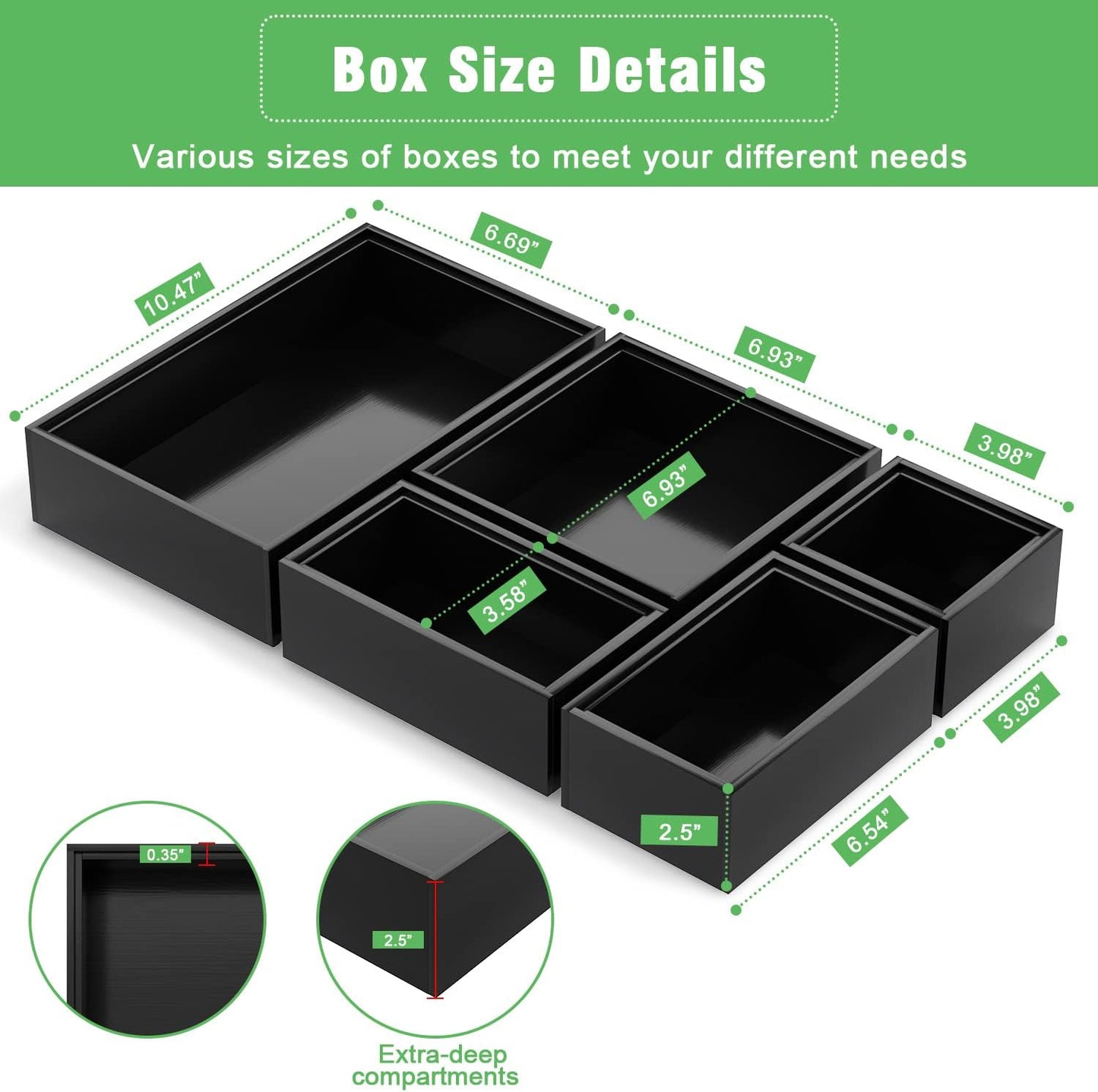 Black Bamboo Bathroom Drawer Organizer, Wooden Kitchen Utensil Holder Set of 5