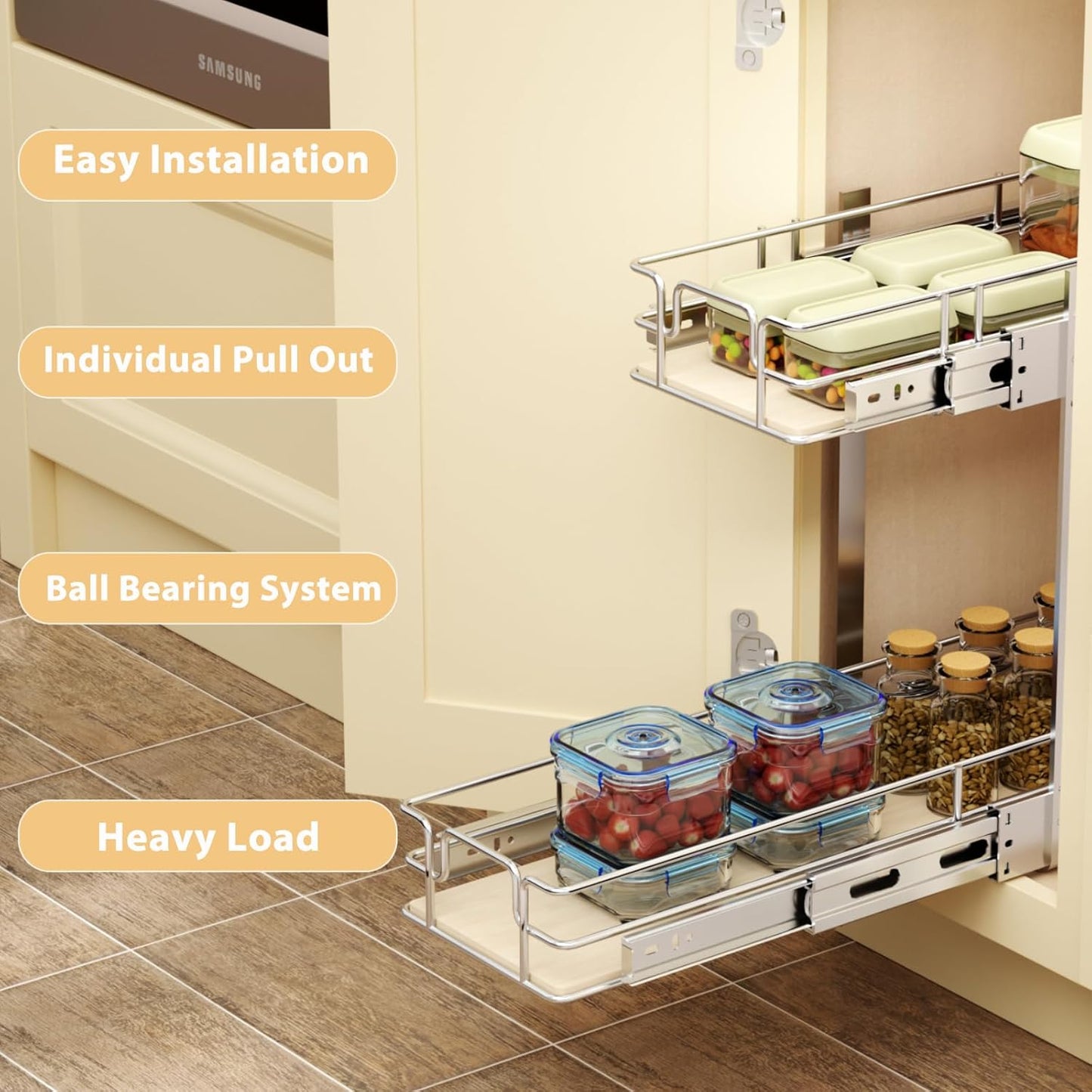 2 Tier Individual Pull Out Cabinet Organizer 7½"W x 21½"D, Slide Out Wood Shelves Organizers