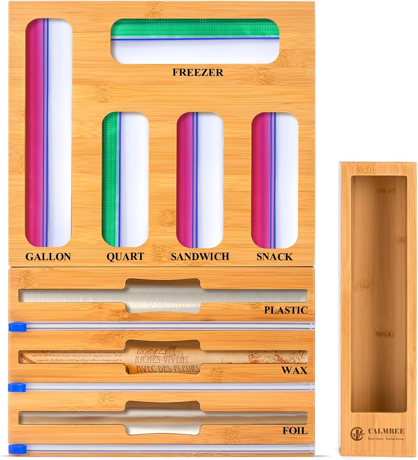 9 in 1 Bamboo Storage Bag Organizer for Kitchen Drawer – Plastic Wrap Dispenser with Cutter & Foil Organizer, Wooden Baggie Organizer for Sandwich, Snack, Gallon, Quart Sizes, Natural