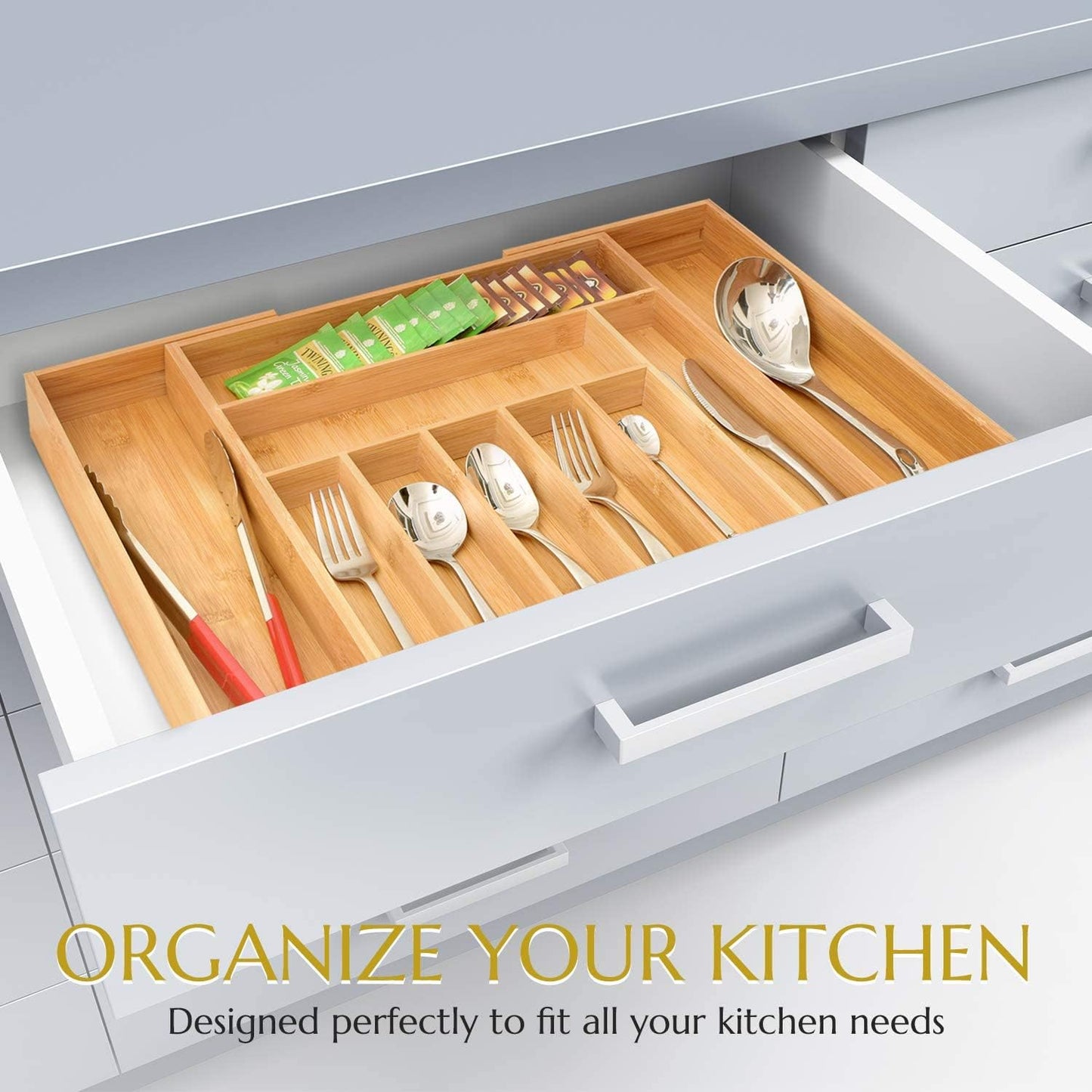 Bamboo Expandable Utensil Drawer Organizer, Premium Bamboo for Cutlery, Flatware