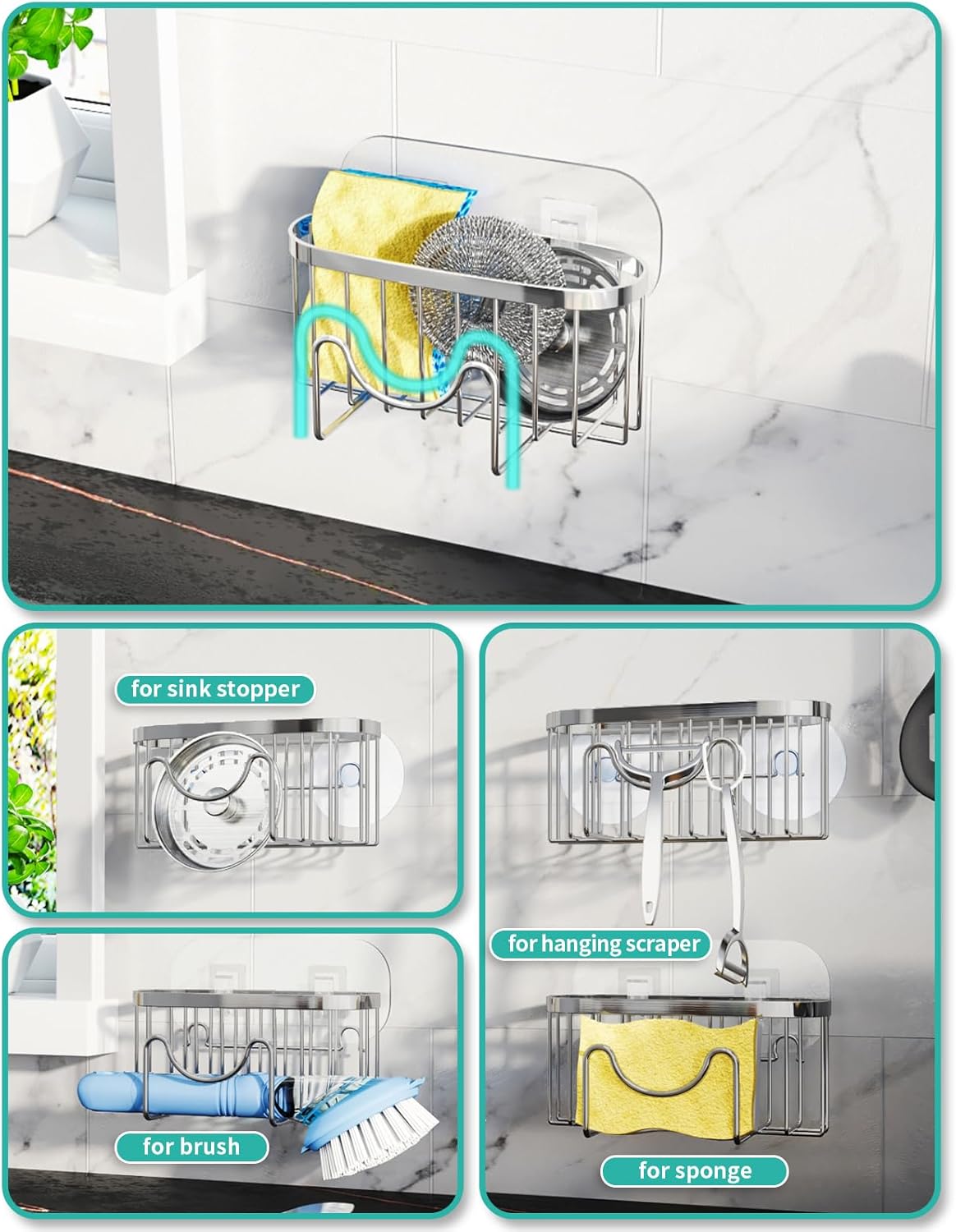 Multifunctional Adhesive Kitchen Sink Organizer with M-Shaped