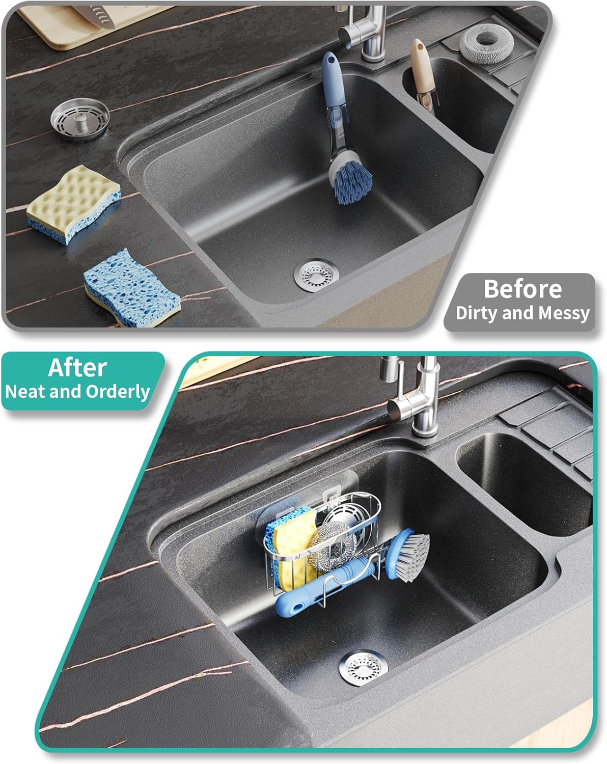 Multifunctional Adhesive Kitchen Sink Organizer with M-Shaped