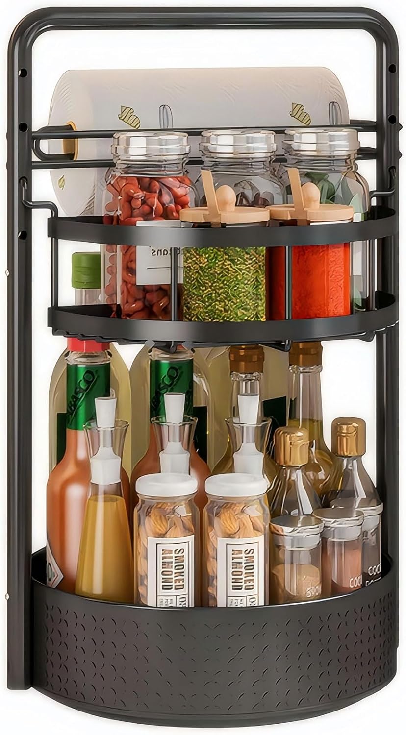 Rotating Spice Rack with Paper Towel Holder, 2 Tier Lazy Susan for Spices