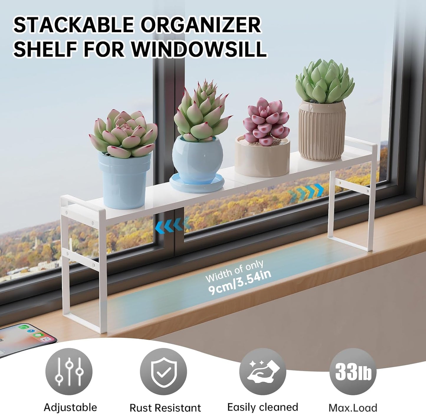 1pcs Small Narrow Tall Shelf for Windowsill Kitchen Organizer Window Sill Plant Shelf Stackable Shelves Bathroom Sill Thin Shelves for Narrow Spaces Counter Top Racks (White)