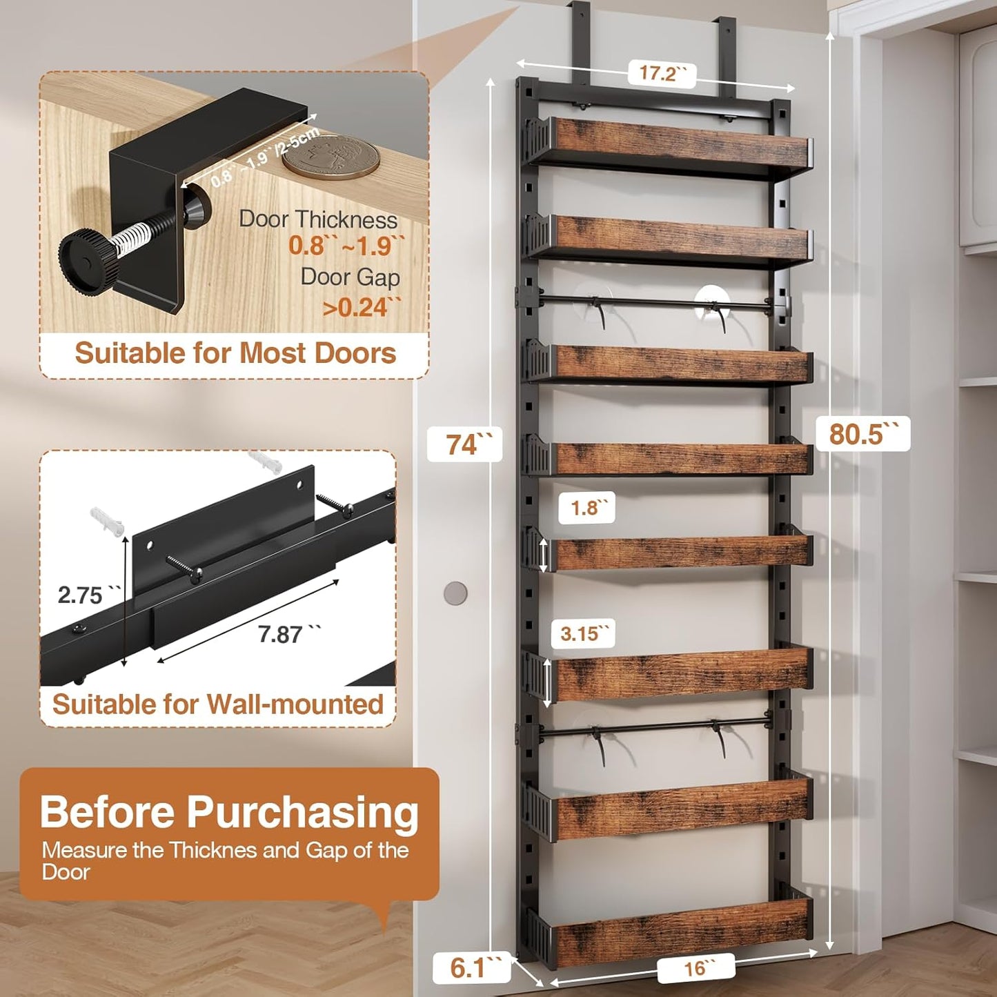 8-Tier Over The Door Pantry Organizer, Heavy-Duty Metal Wall Mount or Hanging Spice Rack