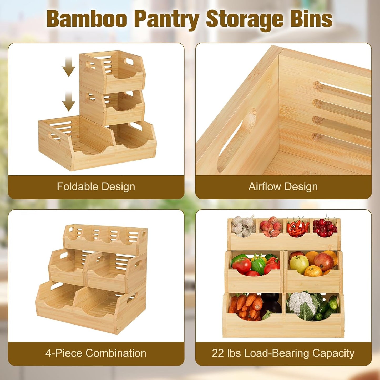Upgraded 3 Tier Bamboo Pantry Storage Bins - Stackable Potato and Onion Storage Bin