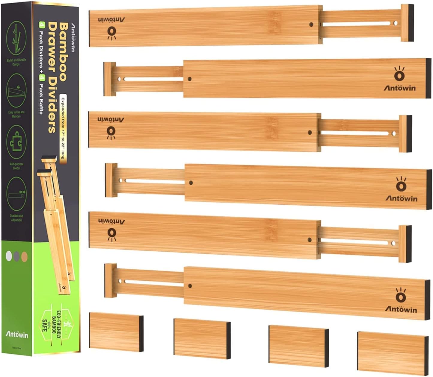 Bamboo Drawer Dividers, Expandable Drawer Separators Splitter