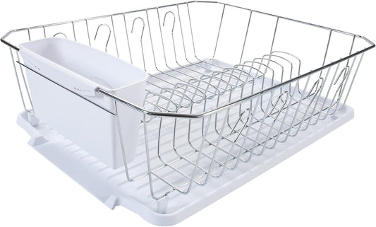 3 Piece Dish Rack | Drying Rack, Cutlery Basket & Drainboard Tray | Countertop | Self Draining | Open Wire Design | Chrome | White