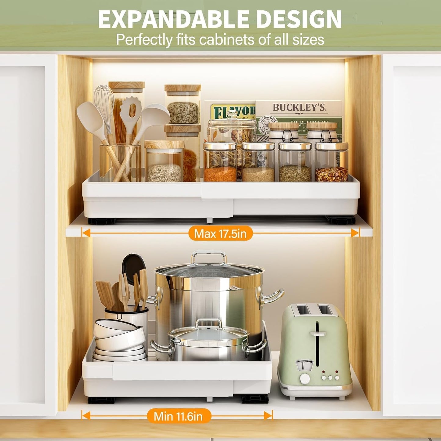 2 Pack Pull Out Cabinet Organizers Expandable, Plastic Slide Out Drawers for Kitchen, Bathroom