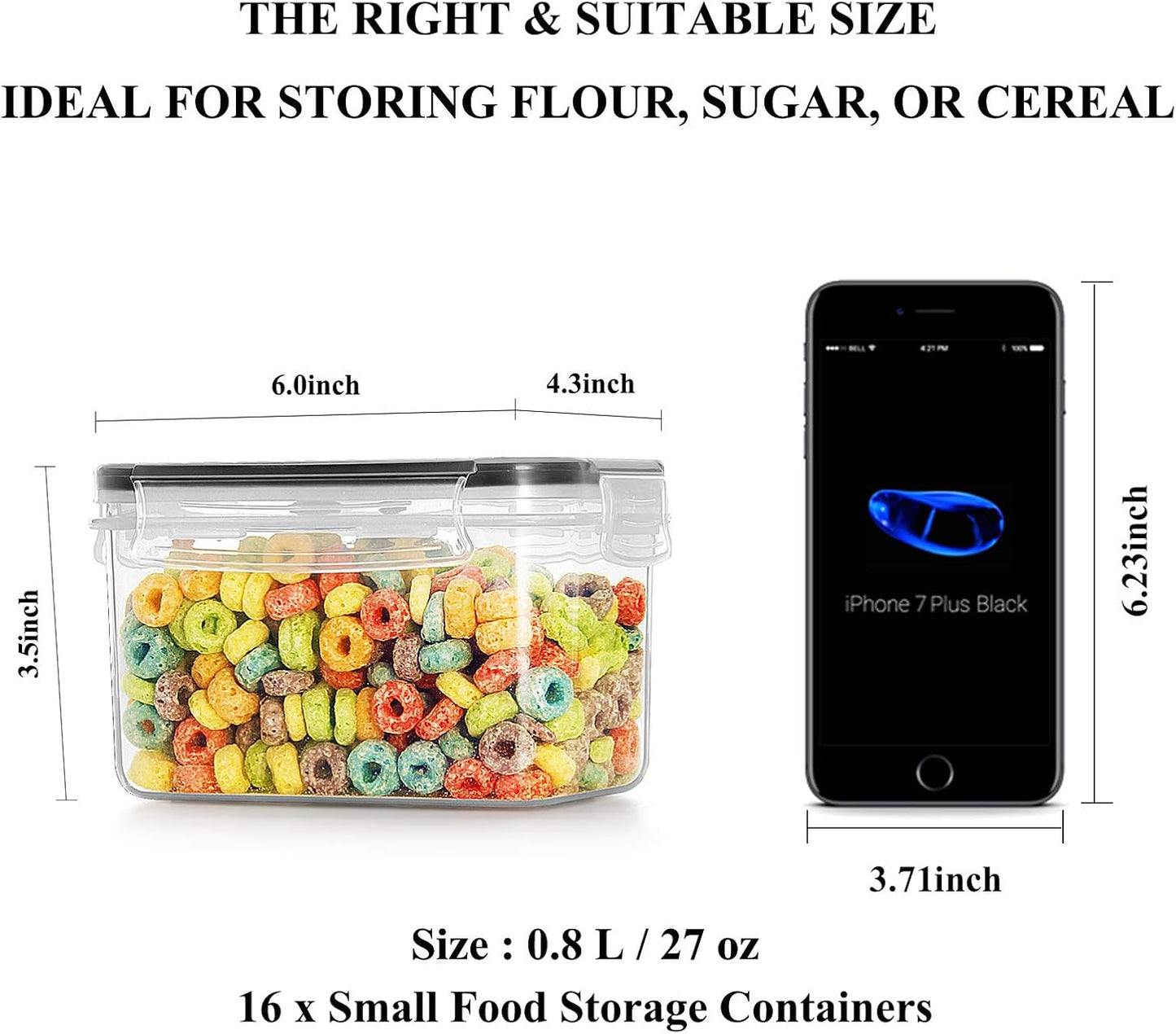 Cereal & Dry Food Storage Container Set of 16 [0.8L /3.38 Cups] for Sugar