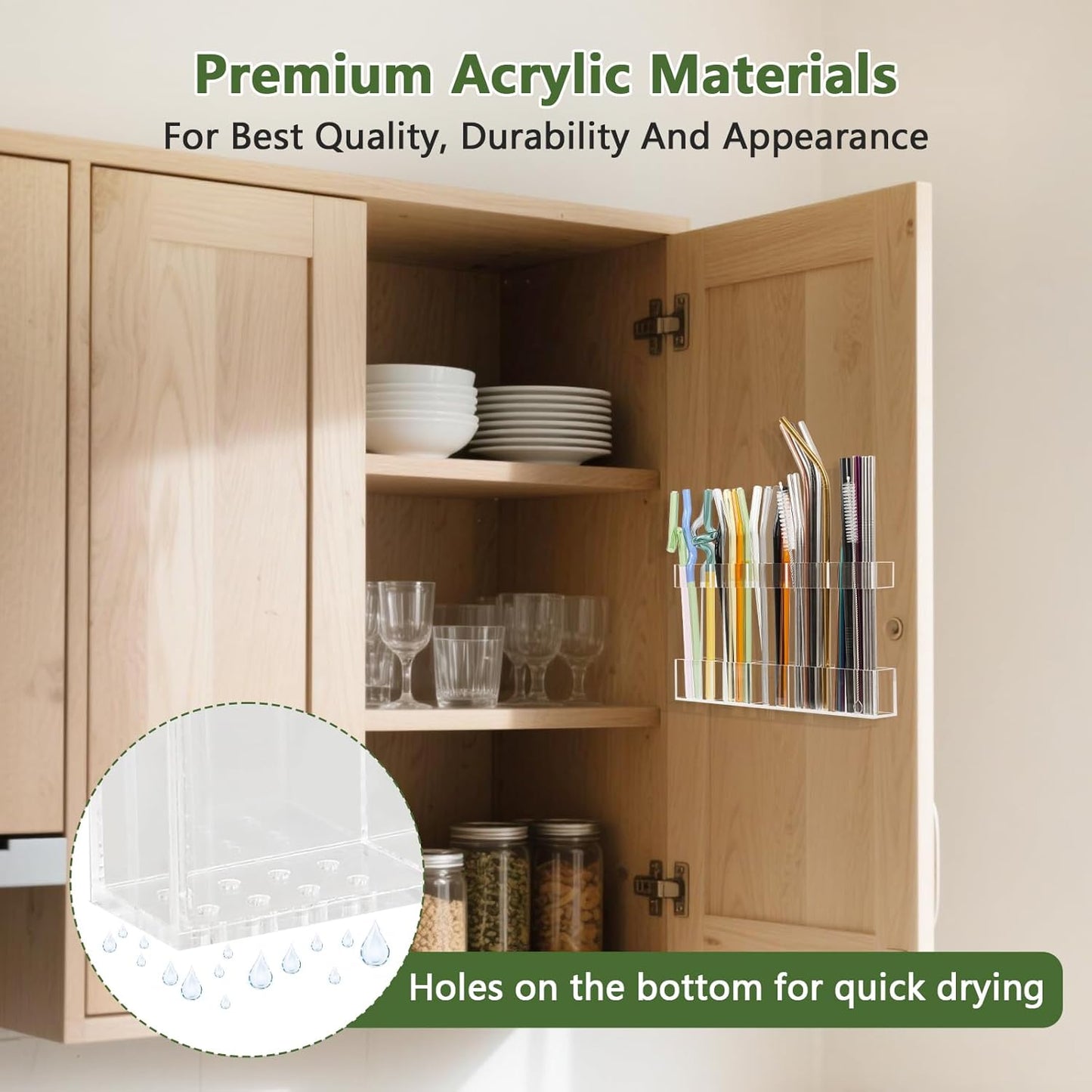 9.5" Large Acrylic Straw Holder for Cabinet Door - Reusable Tumbler Straw Organizer Storage