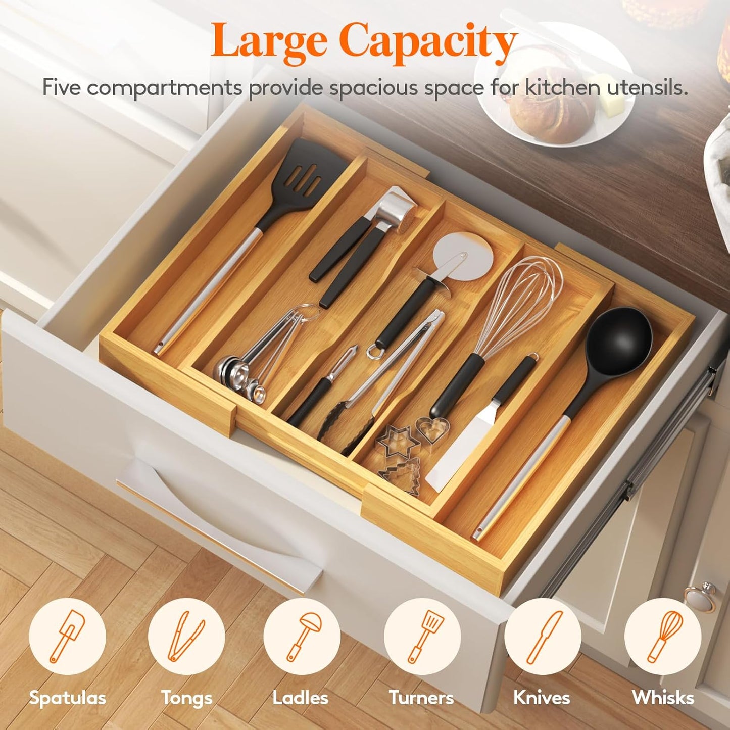 Utensil Organizer for Kitchen Drawer, Expandable Cooking Utensil Tray