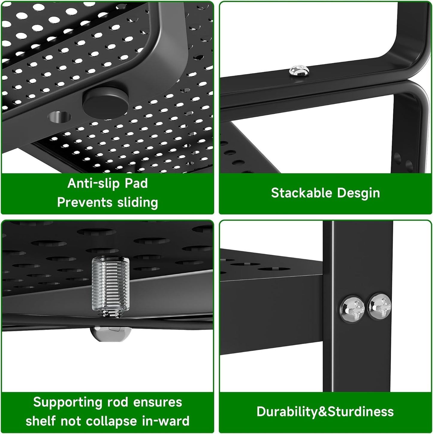 Expandable Kitchen Cabinet Shelf Organizer Rack Heavy Duty Metal Spice Rack Stackable Kitchen Counter Storage Shelf for Kitchen Cabinet Pantry Bathroom (Black - 16.5"-27" L x 10.2" W x 9.6" H - 1Pack)