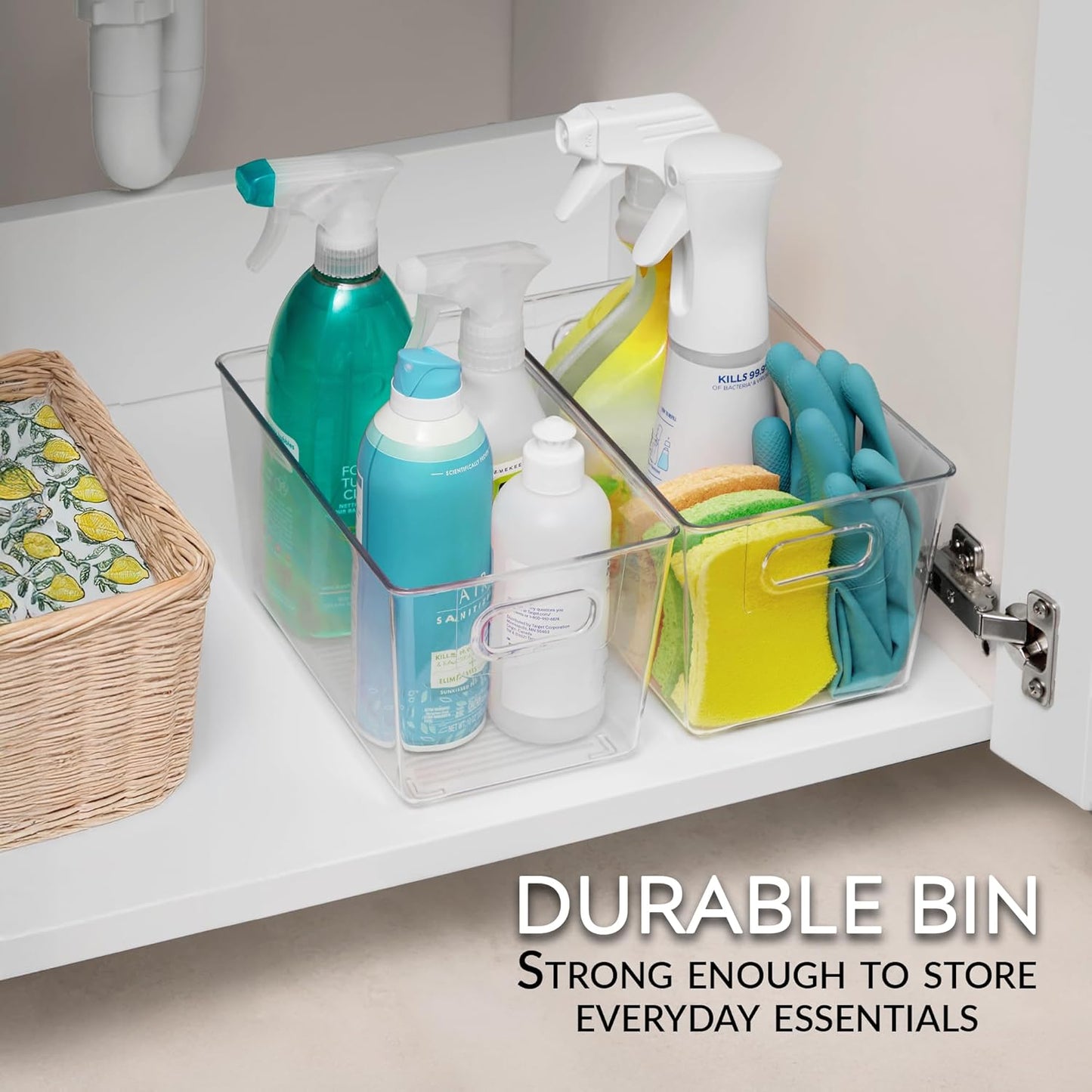 Set of 4 Clear Plastic Storage Bins With Handles, Containers To Organize Pantry, Fridge, Cabinet