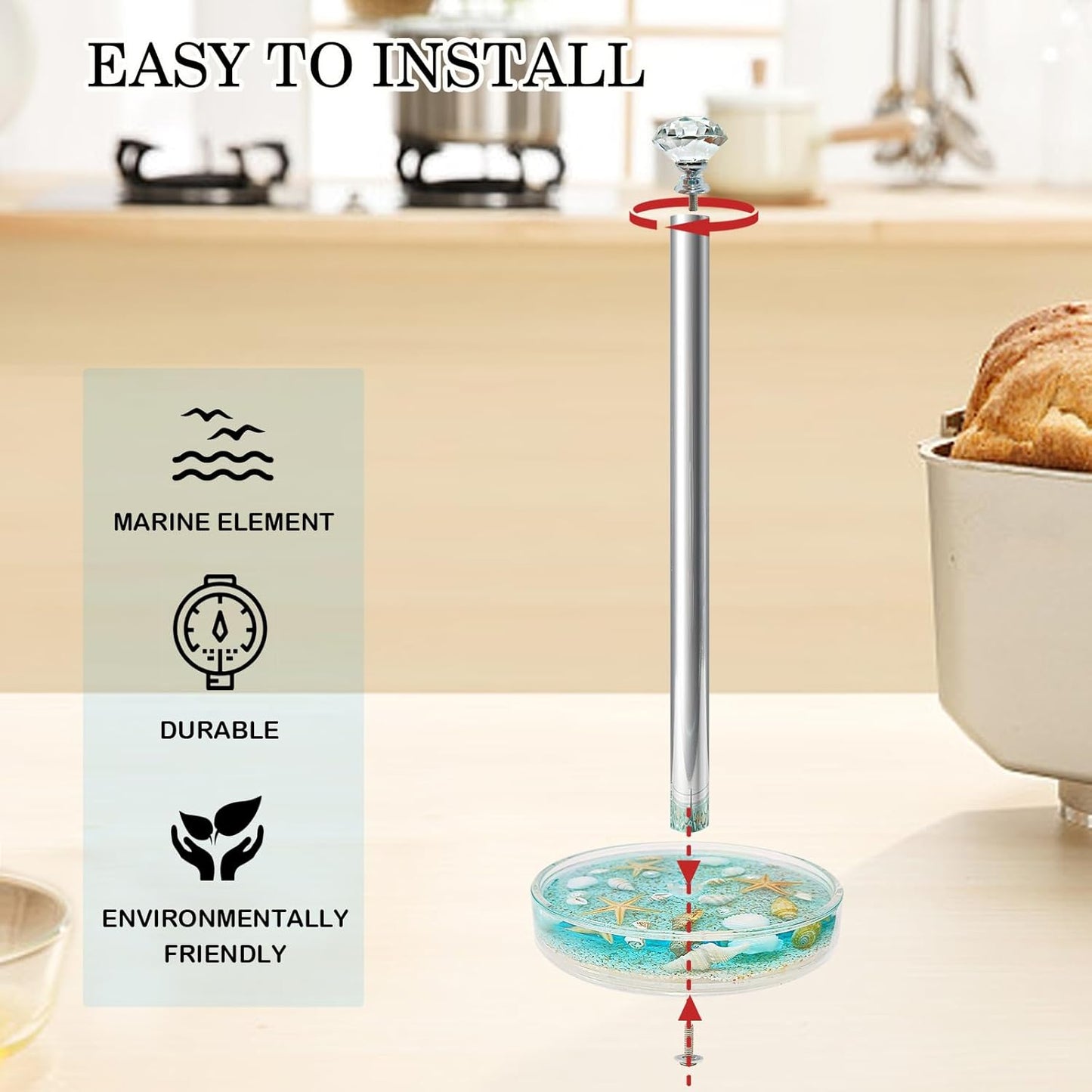 Paper Towel Holder Countertop Acrylic w/Nature Seashell Handmade,Seascape Standing Paper Towel Roll Holder for Kitchen Bathroom w/Weighted Base for One-Handed Operation,Unique Gifts (Blue)