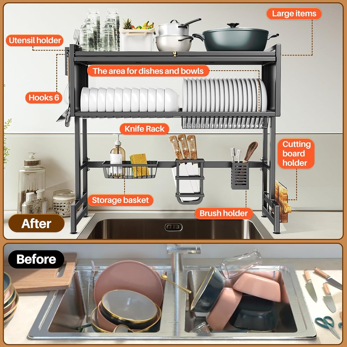 Over The Sink Dish Drainer Drying Rack 3 Tiers with Cover