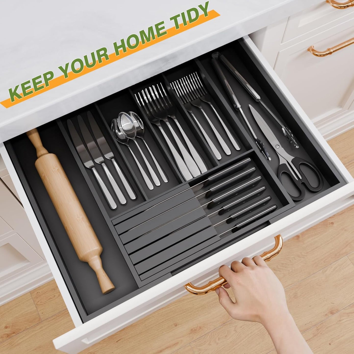 Bamboo Kitchen Silverware Drawer Organizer - Expandable Wood Utensil Holder with Dividers