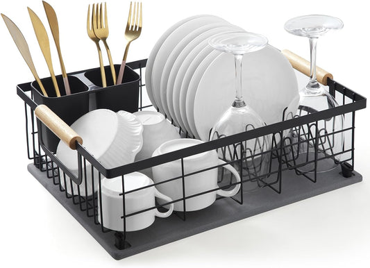 Dish Drying Rack with Stone Drying Mat, Dish Drainer and Diatomaceous Earth Dish Mat