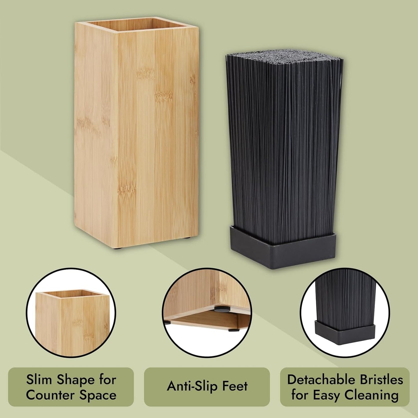 Bamboo Universal Knife Block - Adjustable Bristle Knife Holder & Stand