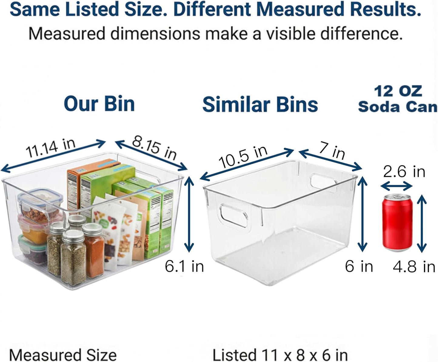 4 Pack Open Clear Plastic Storage Bins 11"x8"x6" Stackable Organizer Containers with Handle for Kitchen, Pantry, Fridge, Bathroom,Cabinet,Closet Storage