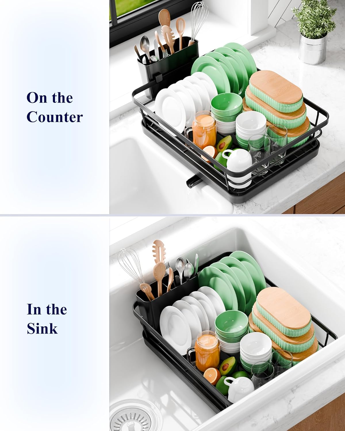 Dish Drying Rack - Compact Dish Rack with Utensil Holder & Adjustable Water Outlet