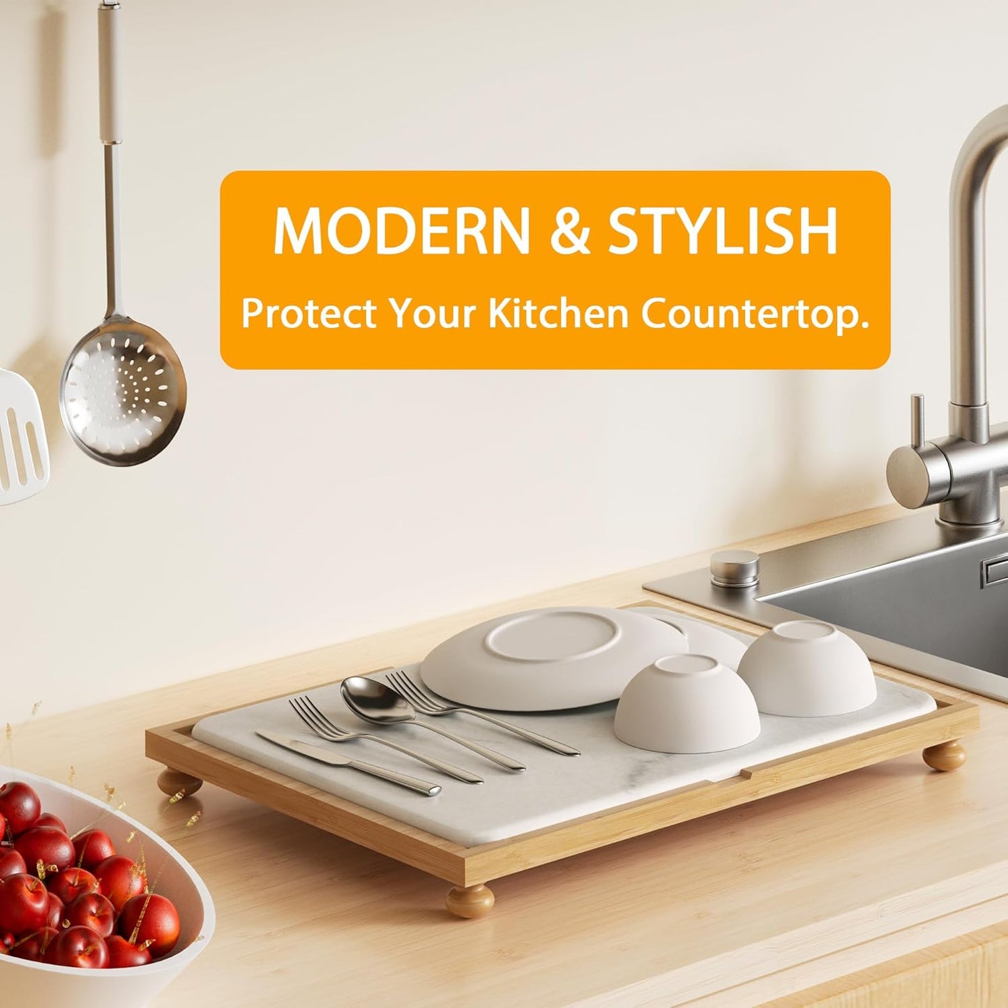 Stone Drying Mat for Kitchen Counter, Dish Drying Pad with Bamboo Rack