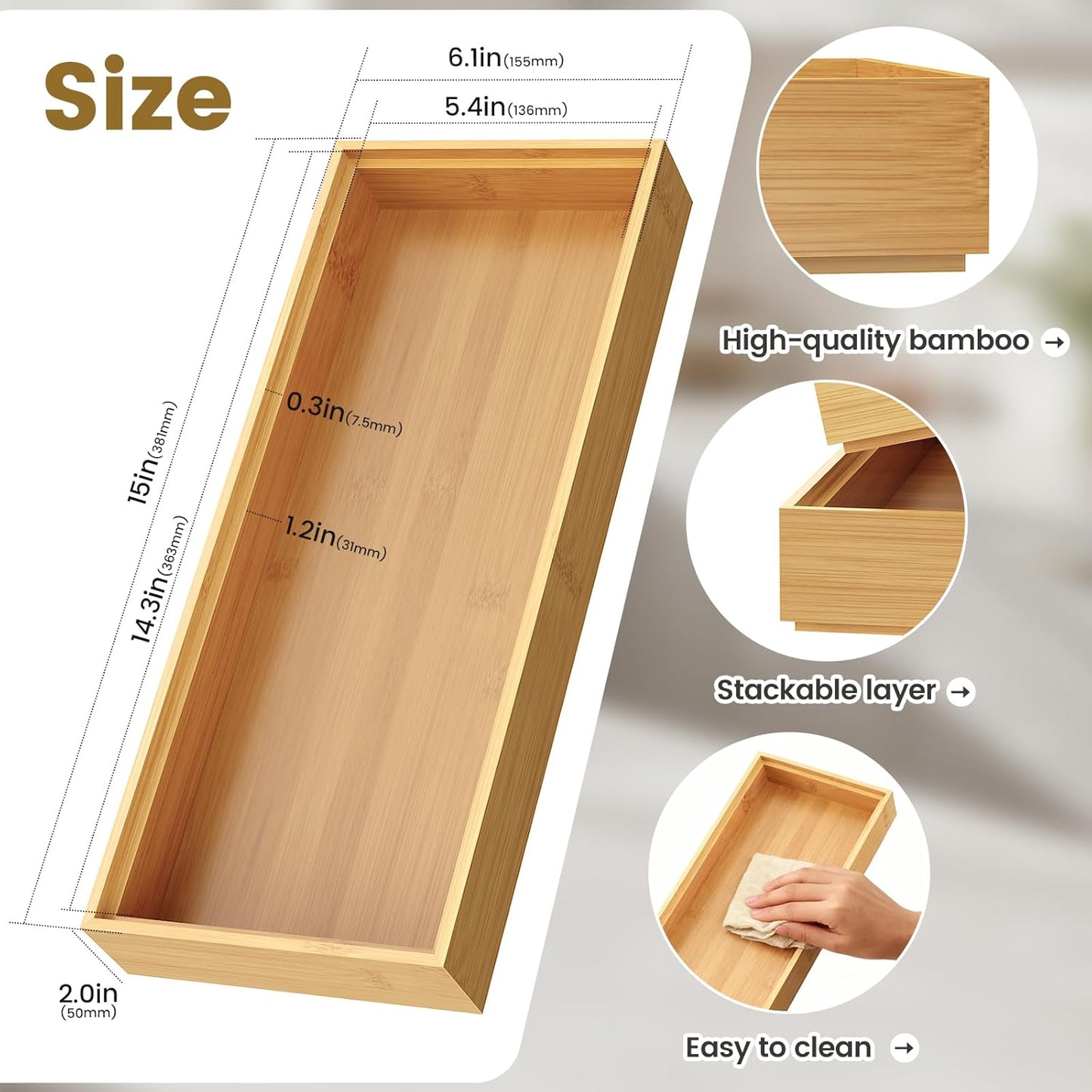 Bamboo Drawer Organizer, Stackable Utensil Trays for Kitchen, Wood Silverware Organizer for Drawer