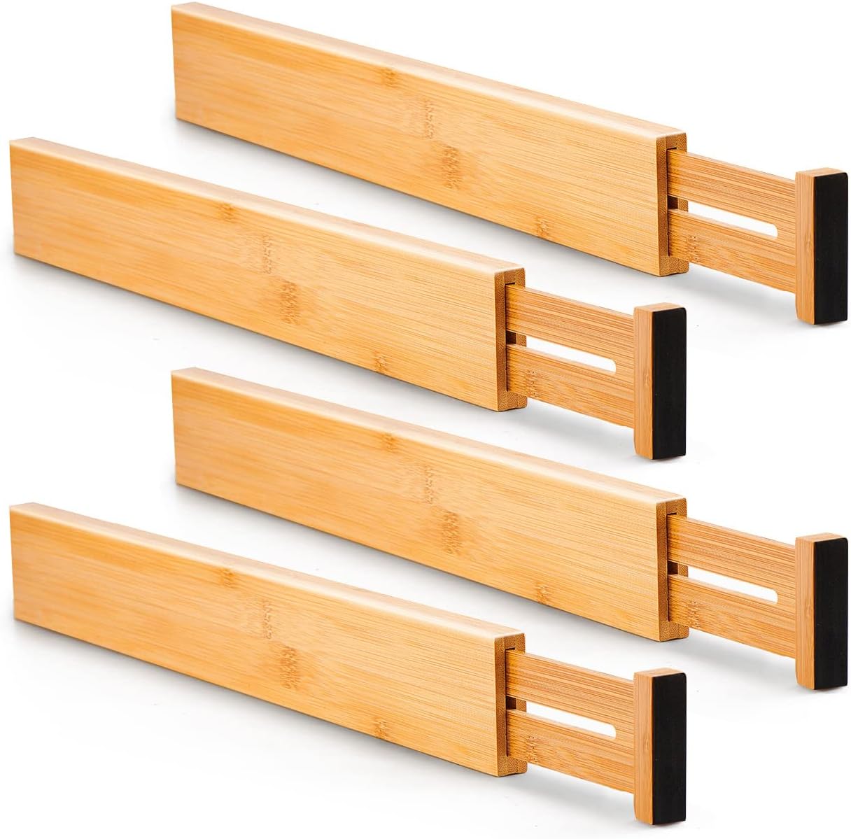 4 pcs Bamboo Kitchen Drawer Dividers Large, Adjustable Drawer Organizers, Spring Loaded