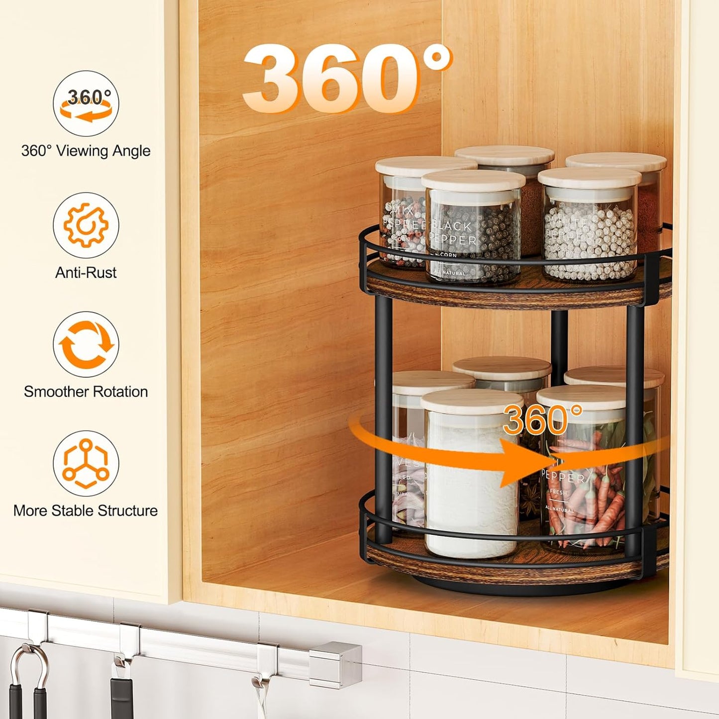 Rotating Spice Rack, 2 Tier Lazy Susan Organizer, Wood Kitchen Countertop Organizer