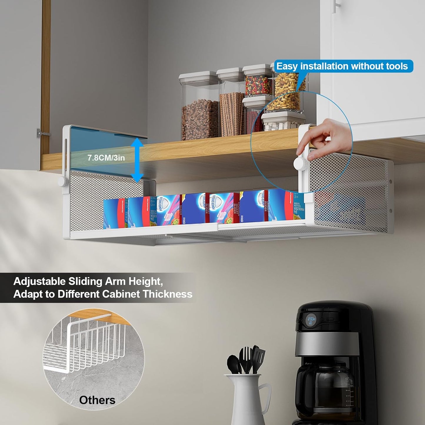 2Pack Under Shelf Basket, Adjustable Hanging Under Cabinet Shelf Storage