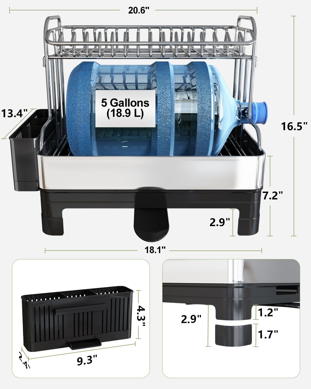 Extra Large Two Tier Stainless Steel Dish Drainer Drying Rack with Drainboard for Kitchen Counter