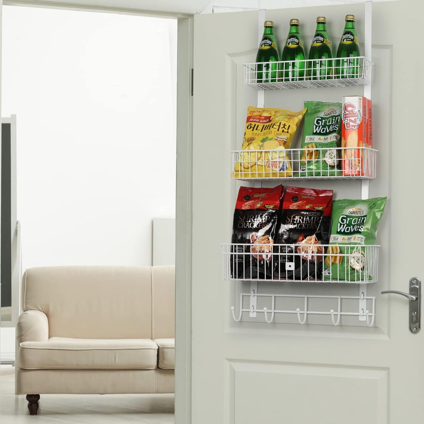 Over The Door Organizer with Hooks Door Hanger Towel Rack with 3 Mesh Baskets Back of Door Hanging Shelf Organizer Behind Door Pantry Organizer for Bathroom Bedroom White