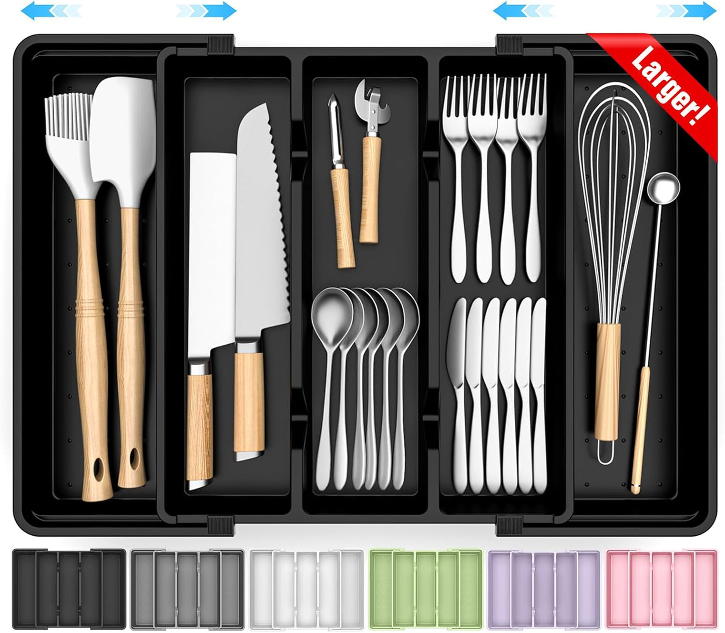 Large Silverware Organizer, Expandable Utensil Drawer Organizer for Kitchen Drawers