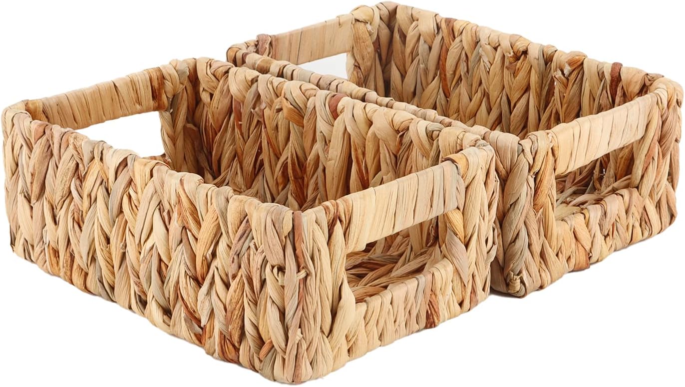 Woven Water Hyacinth Baskets for Organizing, Rectangular Wicker Baskets with Built-in Handles
