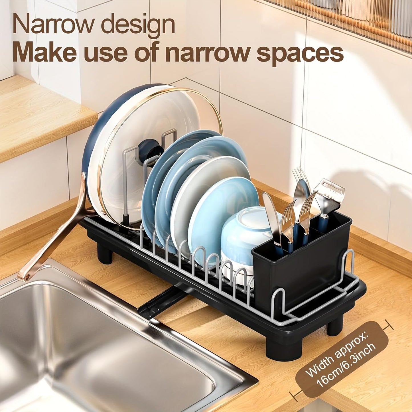 Compact Dish Drying Rack for Countertop, Small-Sized for Dorms, RVs & Tiny Kitchens, Auto-Drain