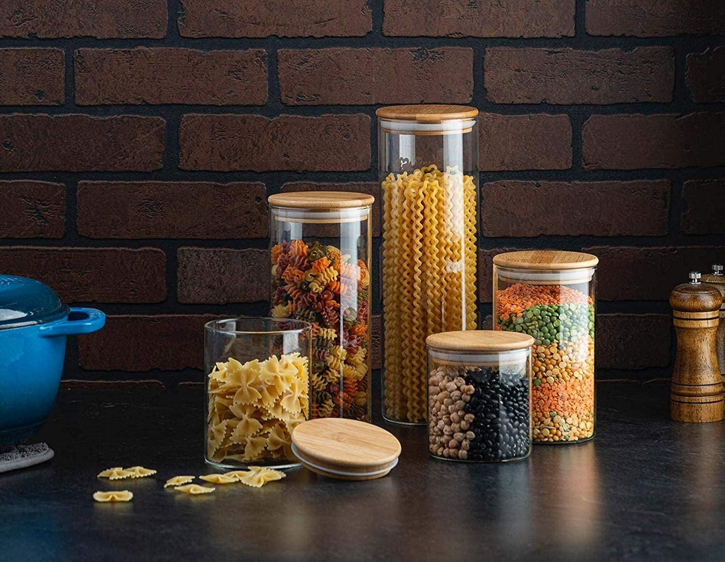 Set of 5 Glass Kitchen Canisters with Airtight Bamboo Lid