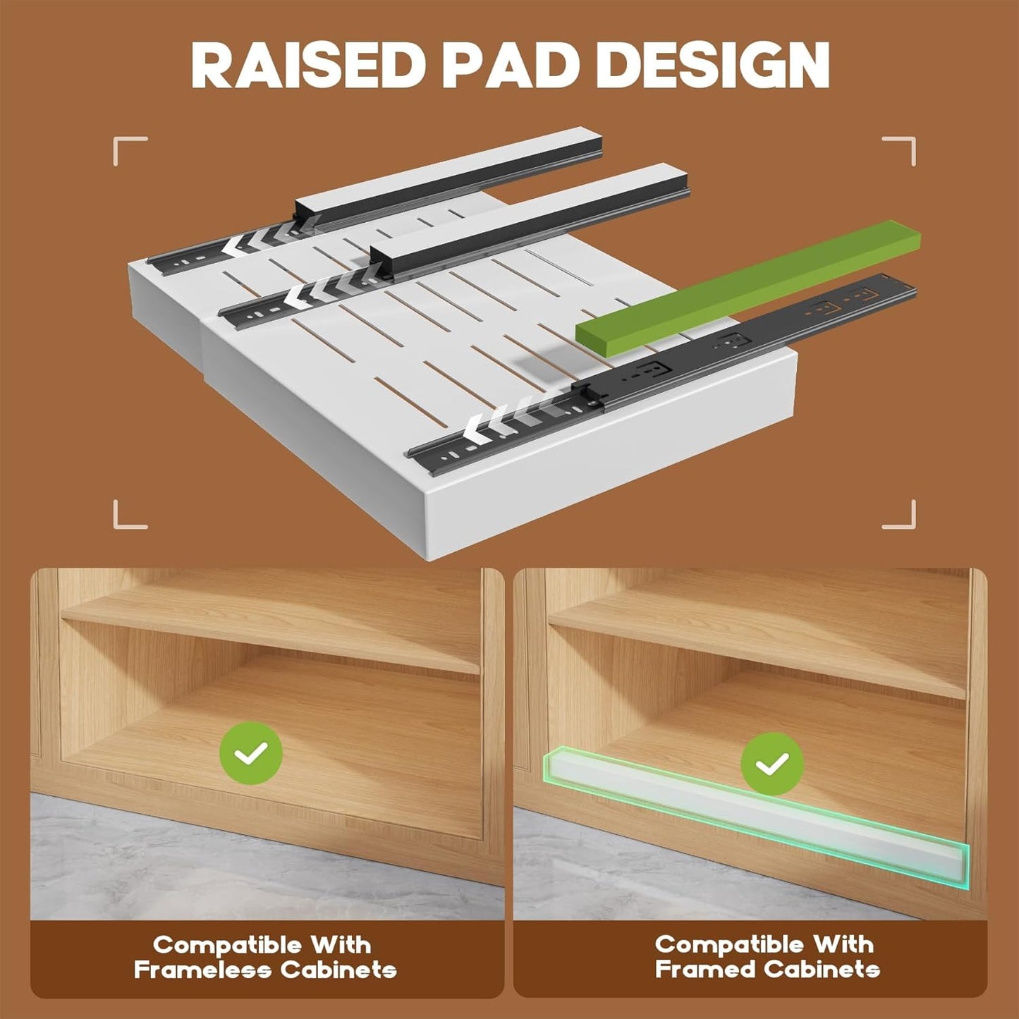 2 Pack Expandable (15.1"-26.3") Pull Out Cabinet Organizer 21" Deep With Raising Pad for Framed Cabinets,Upgrade 3 Slide Rails Slide Out Drawers,No Drill Roll Out Shelves Adhesive,White