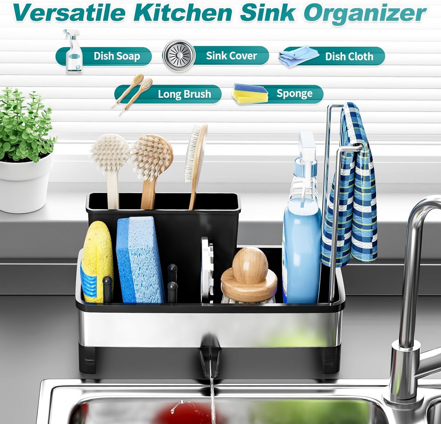 Stainless Steel Sink Caddy, Sponge Holder for Kitchen Sink with Brush Holder Dishcloth Rack