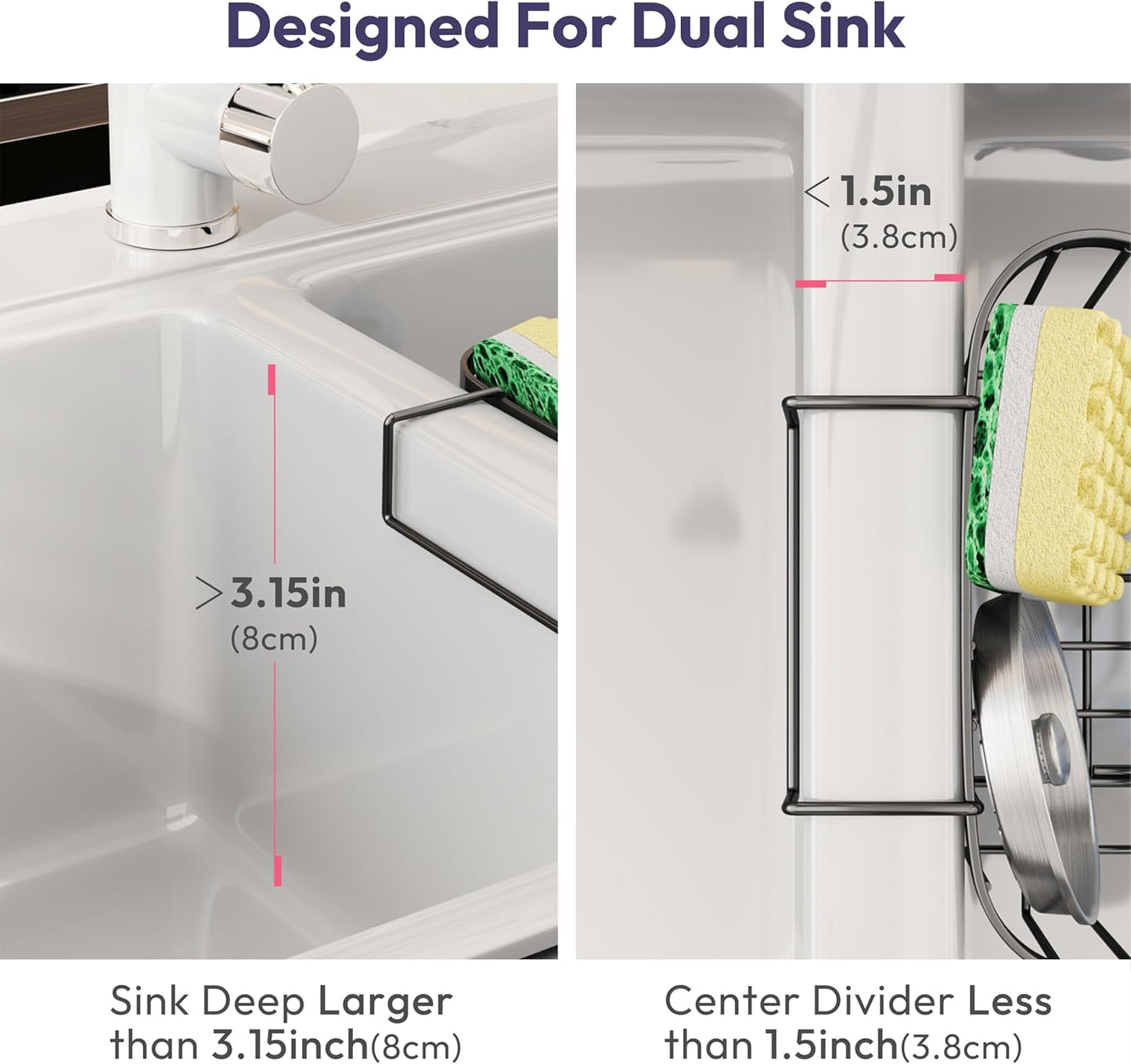 Sponge Holder for Kitchen Sink - Movable Kitchen Sink Caddy with M Shape Hook