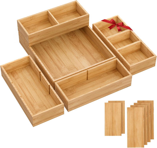 Bamboo Drawer Organizer, 5-Piece Drawer Divider with Removable Dividers for Organization and Storage, Multi-Use Stackable Storage Box & Utensil Holder for Kitchen, Office, Makeup & More