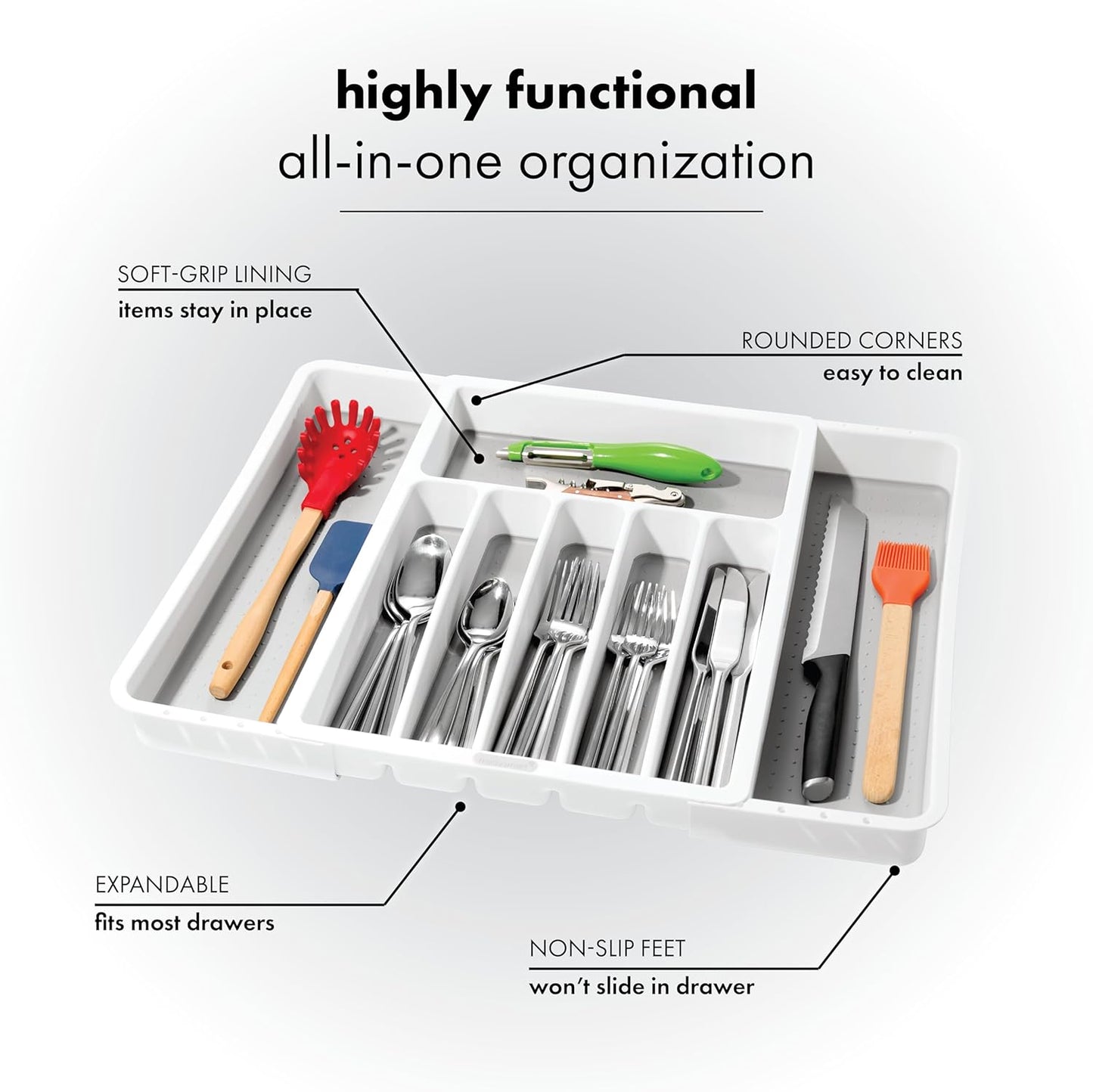 Silverware White Expandable Tray Classic Collection | 8-Compartments | Icons to Help sort Flatware