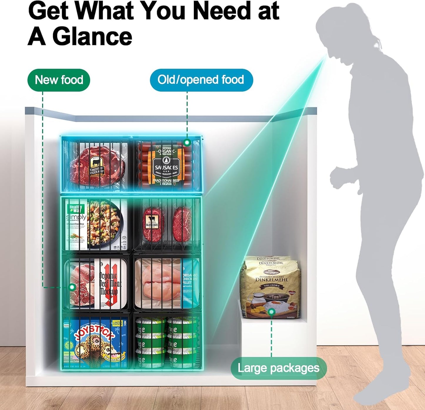 Freezer Organizer Bins, 4 Pack Stackable Deep Chest Freezer Organizer Bins